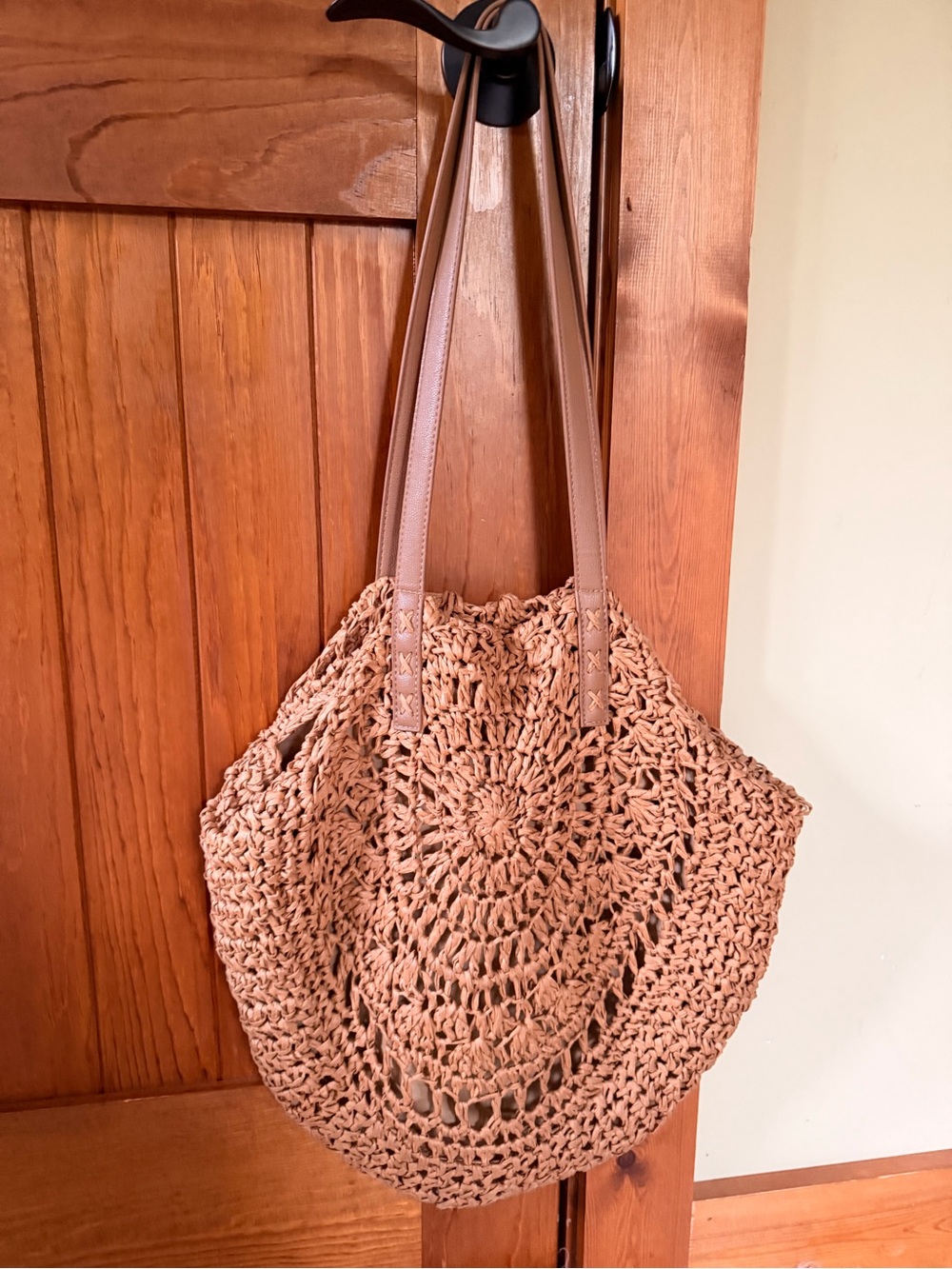 Woven Crochet Tote Bag in Tan